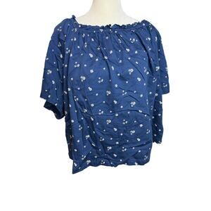 Gap Womens XL Navy Blue White Floral Cotton Off The Shoulder Ruffle Blouse Top‎